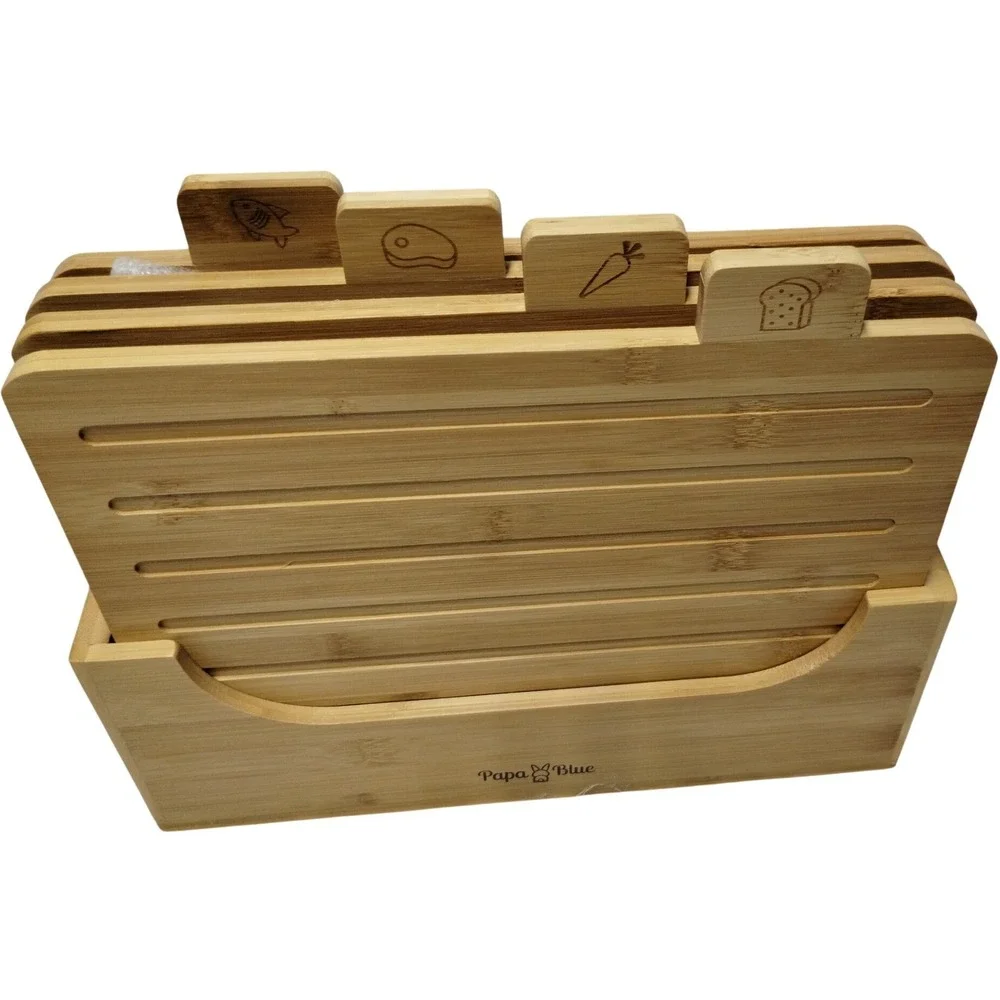 Papa Blue Labeled Bamboo Cutting Board Set of 4 with Stand Juice Groove Non-Slip